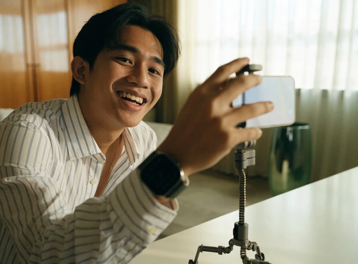 Pemuda merekam video dengan ponsel di atas tripod mini