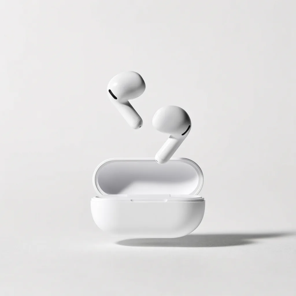 Dua earbuds putih melayang di atas casing pengisi daya yang terbuka