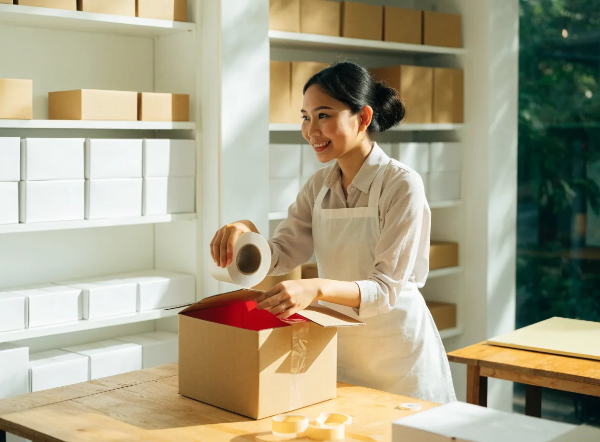 Pengemasan pesanan di sudut gudang Gadget Shop